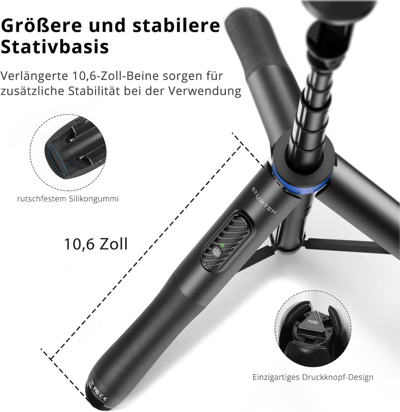 ATUMTEK 130CM Selfiestick, Bluetooth Selfie-Stick mit Hochbelastbarem Aluminium und Rutschfesten Dre