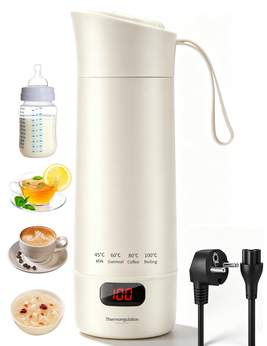 Reisewasserkocher Klein, 450ml Tragbarer Mini Wasserkocher mit 6 Temperatureinstellung LED-Display E