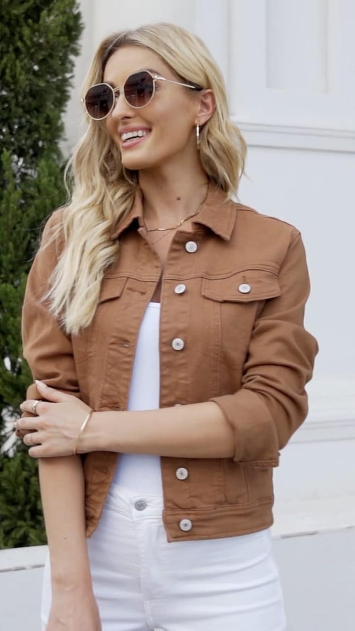Jeansjacken Damen Jean Stretchy Langarm Trucker Jacke mit Tasche L Braun, L Braun