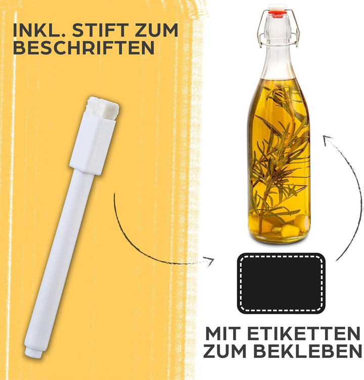 Praknu 6er Set Glasflaschen 1l mit Bügelverschluss - Bügelflaschen Zum Befüllen - inkl 6 Extra Dicht