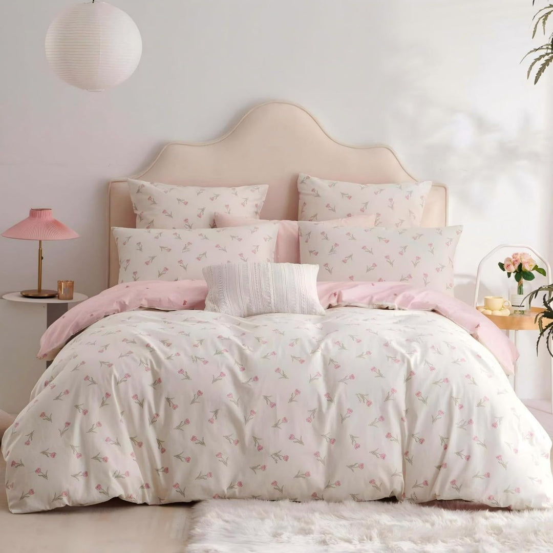Baumwolle Bettwäsche Set 135x200cm 2teilig Weiss Rosa Grün Blumen Floral Bettwäsche Blumenmuster Mäd