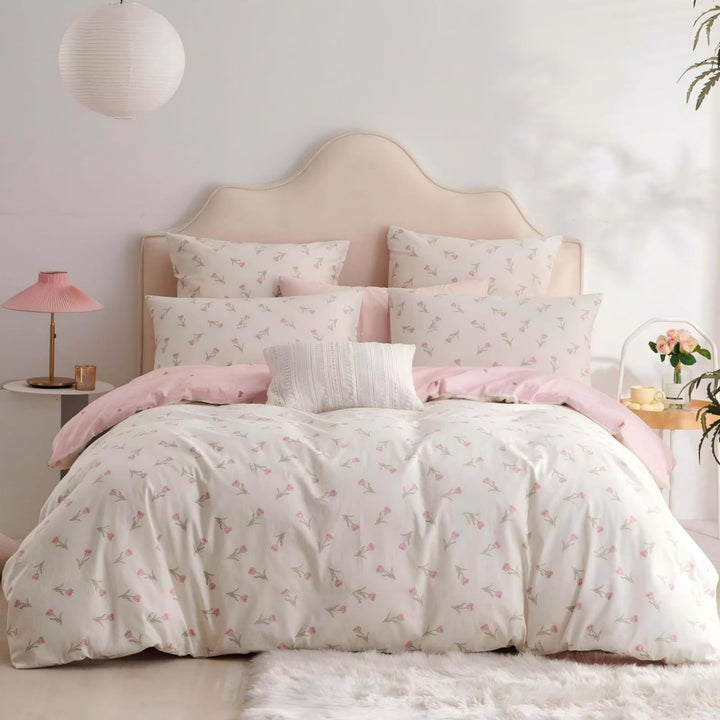 Baumwolle Bettwäsche Set 135x200cm 2teilig Weiss Rosa Grün Blumen Floral Bettwäsche Blumenmuster Mäd
