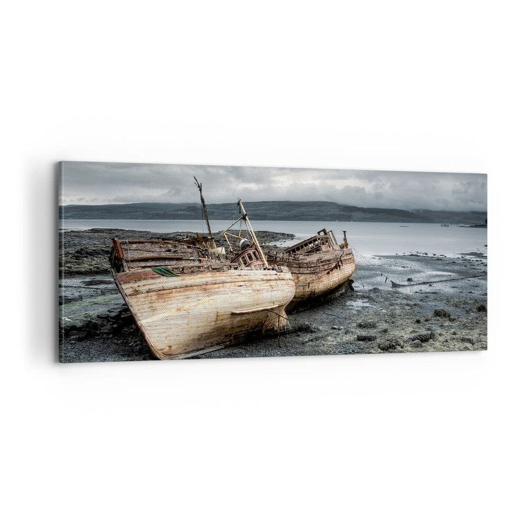 Panorama Bilder auf Leinwand 100x40cm Leinwandbild mit Rahmen Boot Wrack Ufer Gross Wanddeko Bild Sc