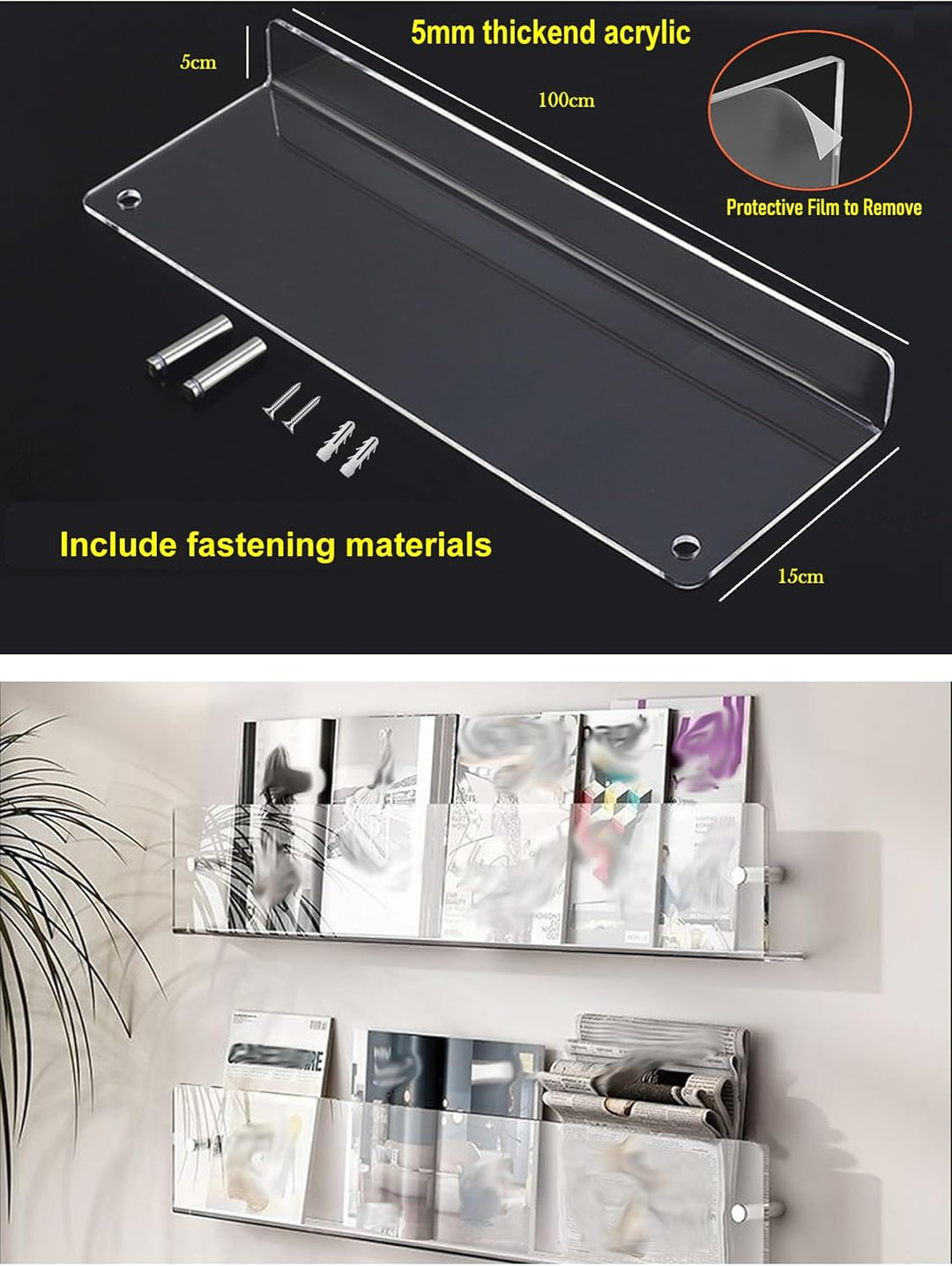 TUKA-i-AKUT 2er 100cm Wand Prospekthalter Acryl Extra Stark, Zeitschriftenhalter Wandregale für Zeit