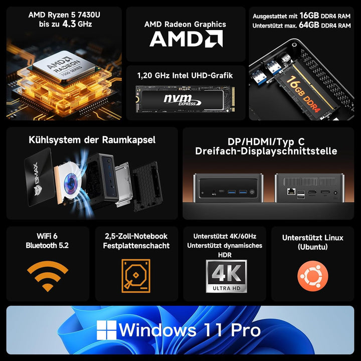 BMAX Mini PC B7Apro AMD Ryzen 5 7430U (6C/12T,bis zu 4,3GHz) 16GB DDR4 512GB M.2 NVMe SSD, Mini Desk