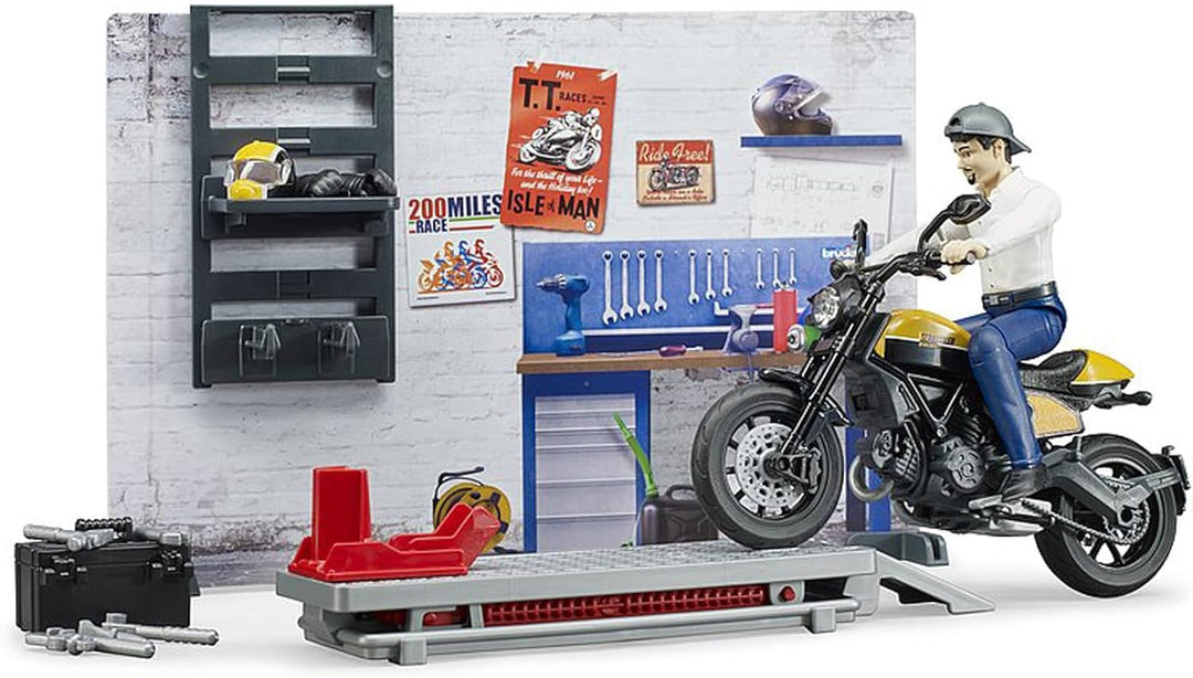 bruder 62102 - Bworld Motorradwerkstatt Scrambler Ducati Full Throttle mit Mechaniker - 1:16 Reparat