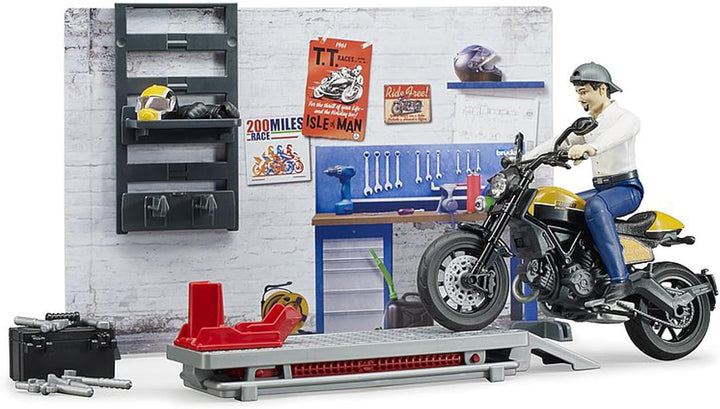 bruder 62102 - Bworld Motorradwerkstatt Scrambler Ducati Full Throttle mit Mechaniker - 1:16 Reparat