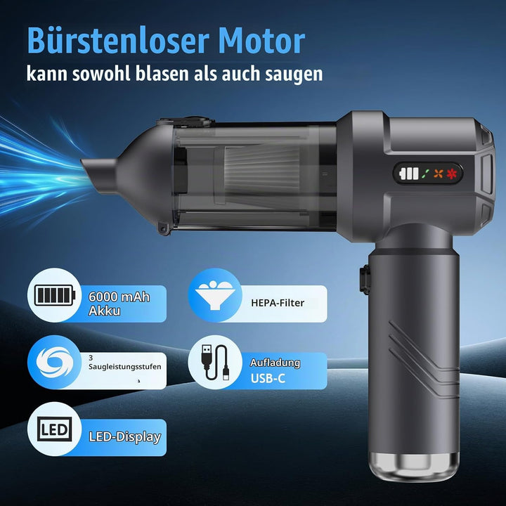 Handstaubsauger, 25000Pa Akku Handstaubsauger Kabellos, 4 in 1 Tragbar Akkustaubsauger mit Automatis