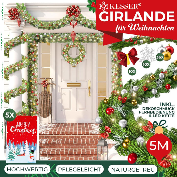 KESSER® Weihnachtsgirlande 5m mit Beleuchtung 100 LED's inkl Deko Fernbedienung - Timer - Lichterket