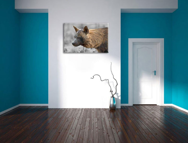 anmutige Hyäne im Wildgras schwarz/weiss auf Leinwand, XXL riesige Bilder fertig gerahmt mit Keilrah