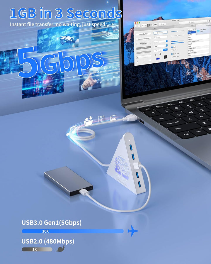 7-Port USB 3.0 Hub, Weiss Vertikaler USB Hub Splitter mit baumförmiger RGB-Beleuchtung, 5Gbps Hochge