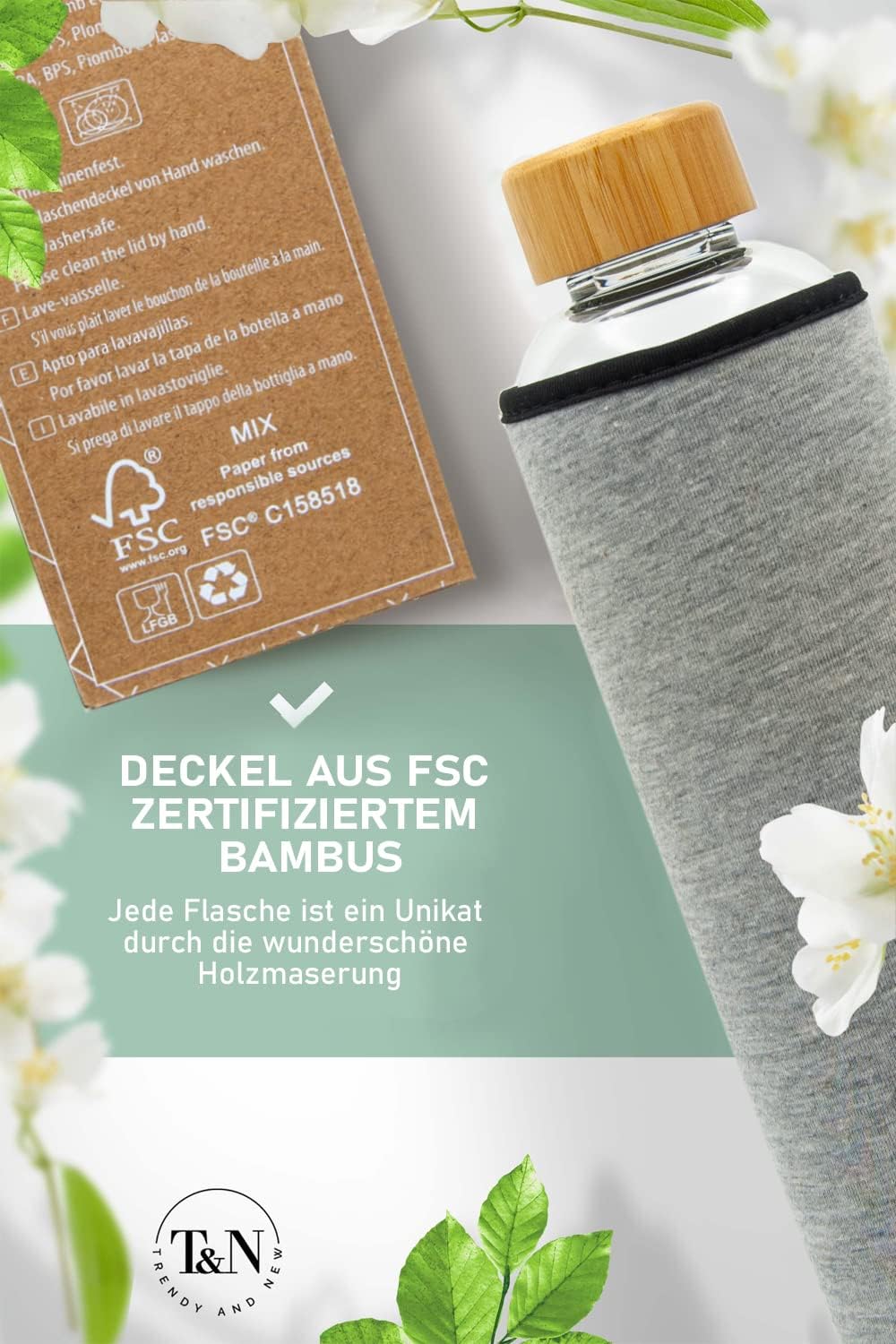 T&N Glasflasche 1 Liter / 750ml / 500ml – Trinkflasche Glas 1l mit Neoprenhülle – Wasserflasche Ausl