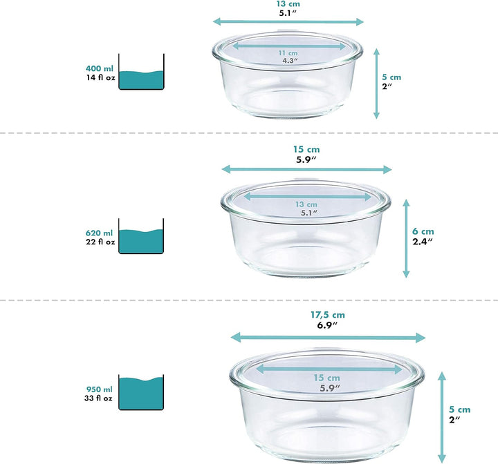 Grizzly Glas Frischhaltedosen, 3er Set, 400 ml, 620 ml, 950 ml, luftdicht, rund, Click-Verschluss, V