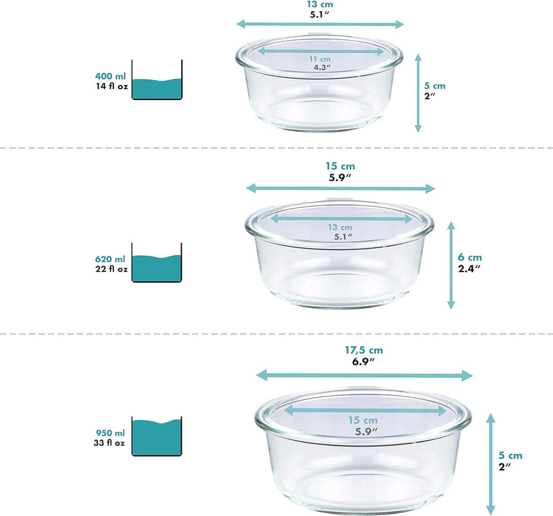 Grizzly Glas Frischhaltedosen, 3er Set, 400 ml, 620 ml, 950 ml, luftdicht, rund, Click-Verschluss, V