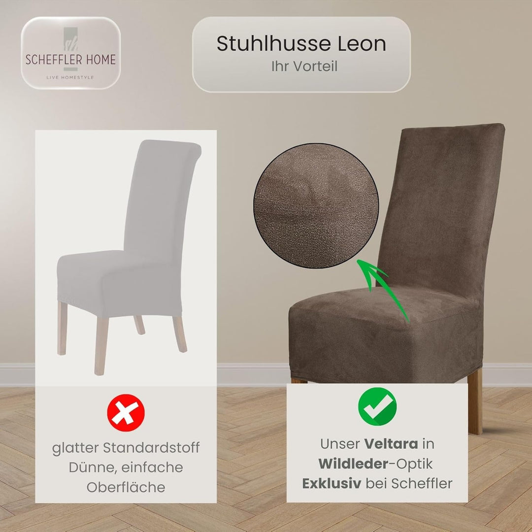 SCHEFFLER-Home Stuhlhussen 4er Set Leon Taupe-Braun/elastische Wildleder Hussen für Stühle/Robustes