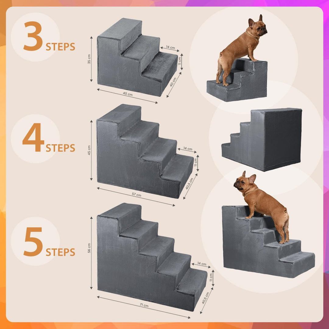 VELORA H&amp;L Hundetreppe 4 Stufen Dunkelgrau - Stabile Holzkonstruktion mit Veloursbezug, rutschfeste