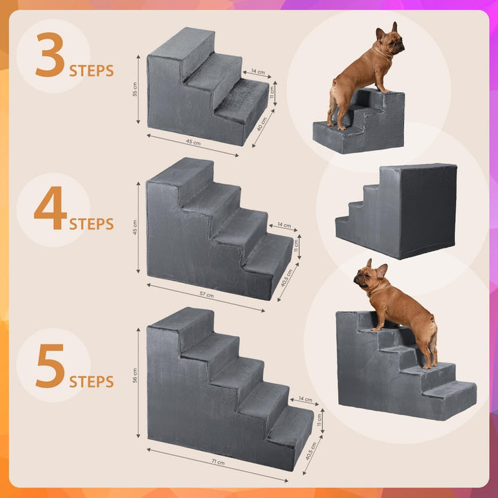 VELORA H&amp;L Hundetreppe 4 Stufen Dunkelgrau - Stabile Holzkonstruktion mit Veloursbezug, rutschfeste