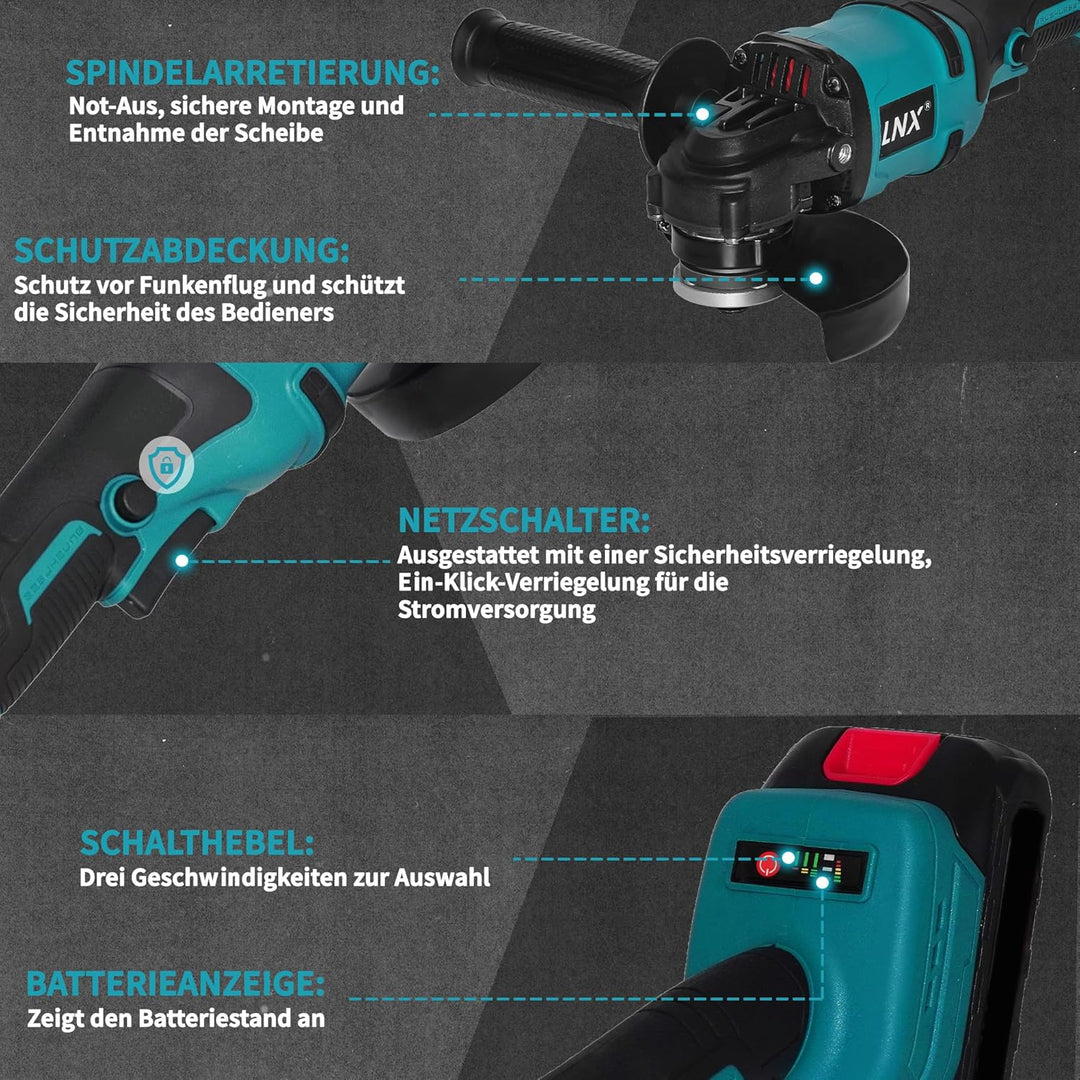 Akku-Winkelschleifer 125 mm, Akku Flex für Makita 18V Akku, 8500U/min, 3 Geschwindigkeiten, Akku-Sch