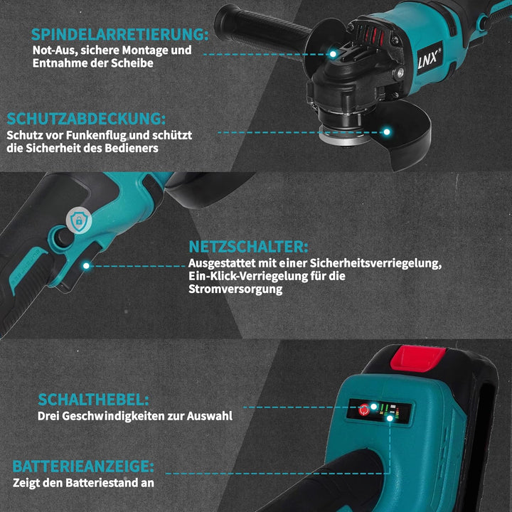 Akku-Winkelschleifer 125 mm, Akku Flex für Makita 18V Akku, 8500U/min, 3 Geschwindigkeiten, Akku-Sch