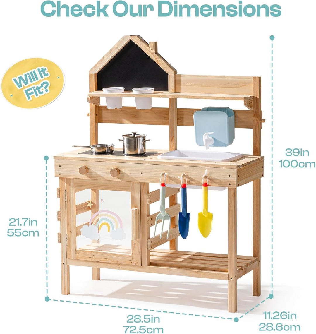 ROBUD Matschküche für Kinder Outdoor, Kinderküche Holz mit Echtem Wasserhahn & Wassertank, Gartenger