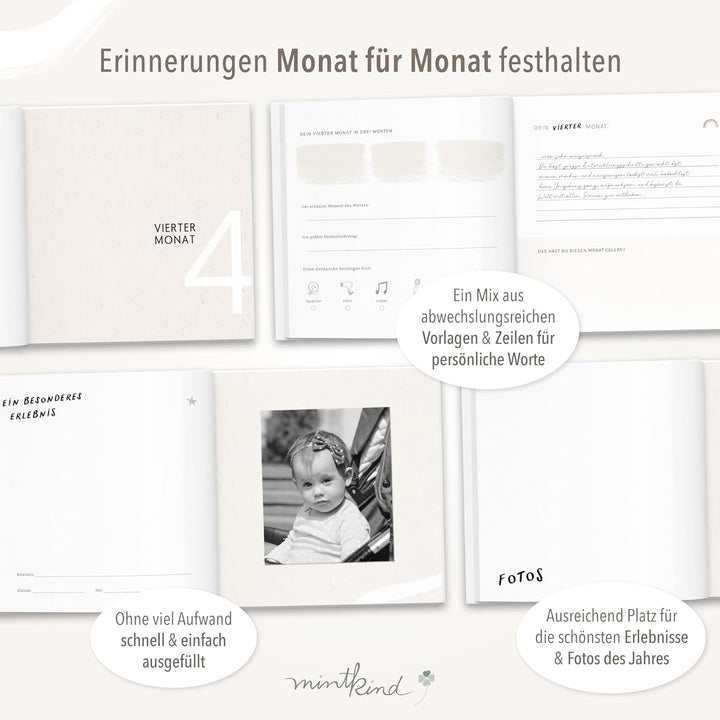 mintkind® Babytagebuch mein erstes Jahr Babyalbum Erinnerungsbuch Baby Coffee Table Edition Leinenei