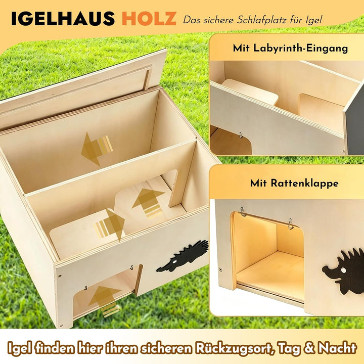 Grosses Igelhaus mit Rattenklappe Winterfest, Holz Igelhotel für Winterschlaf und Sommer-Unterschlup