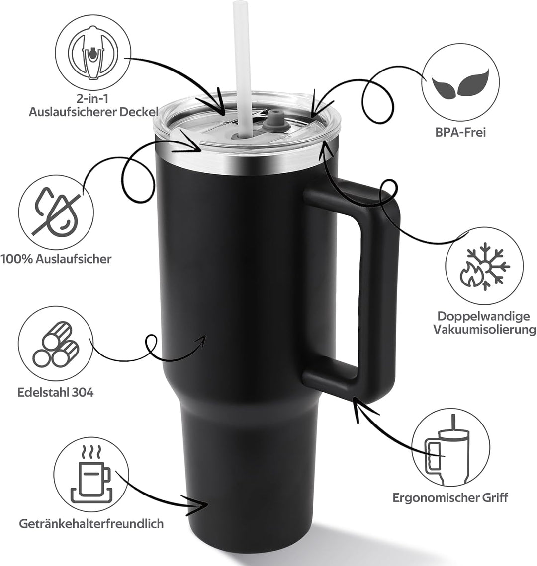 PRAOAHEI 40oz/1180 ML Thermobecher mit Strohhalm und Henkel Kaffeebecher to Go, Auslaufsicher Trinkb