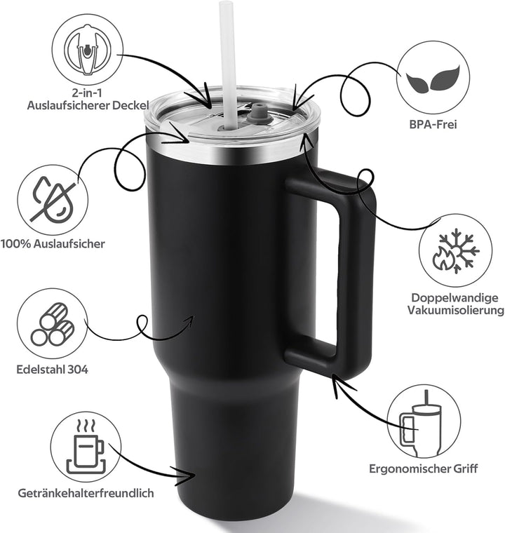 PRAOAHEI 40oz/1180 ML Thermobecher mit Strohhalm und Henkel Kaffeebecher to Go, Auslaufsicher Trinkb