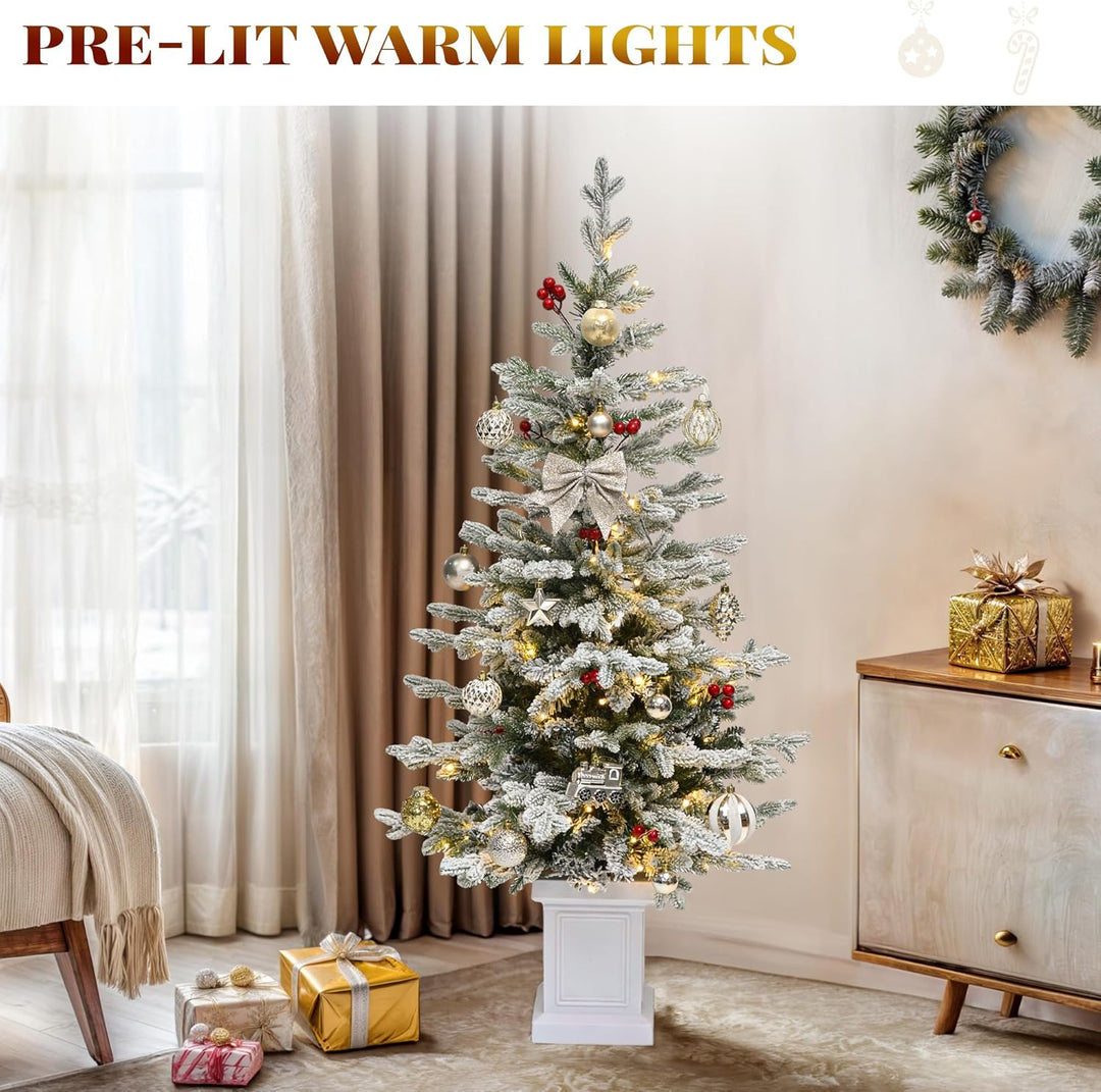 YITAHOME 140cm Vorgefertigter Künstlicher Weihnachtsbaum mit Beleuchtung, Schlanke Tanne mit 11 Rote