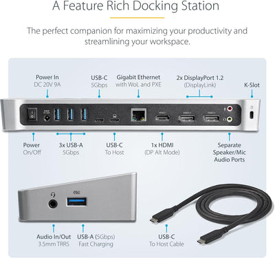 StarTech.com USB-C Dockingstation (Triple 4K, 60W Power Delivery (USB PD), Ethernet, für Windows / M