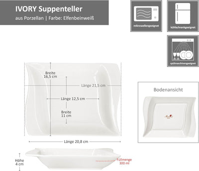 MamboCat Ivory 6er Set Suppenteller I 300ml I elfenbeinweisse Tiefe Porzellan-Teller für 6 Personen