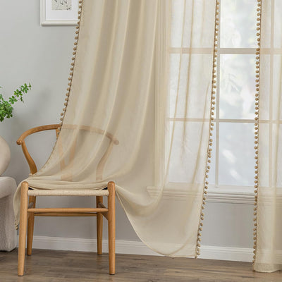 MIULEE Gardinen mit Pompons-Hübsche Beige Transparent Gardinen für Kinderzimmer Mädchen, 2 Stücke Vo