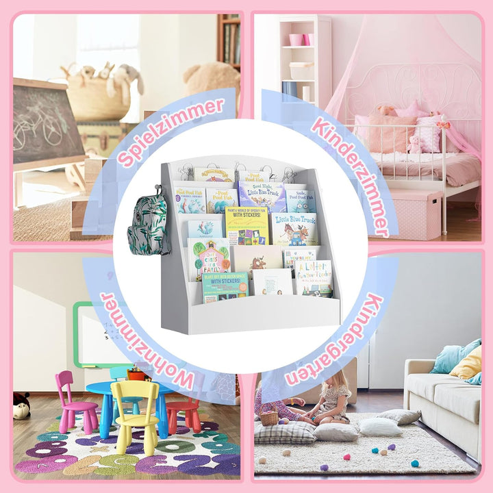 Kinder Bücherregal mit 5 offenen Fächern und Haken, Kinderregal Holz, Montessori Aufbewahrungsregal