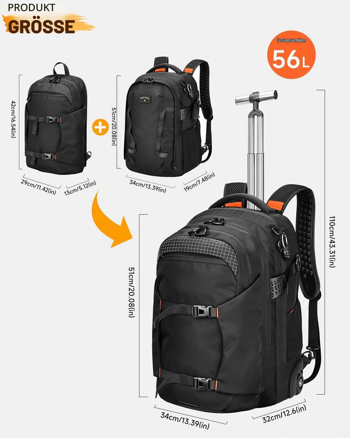Rucksack mit Rollen 2 in 1 Abnehmbarer Rollrucksack Handgepäck– Wasserabweisend Rucksack Trolley mit
