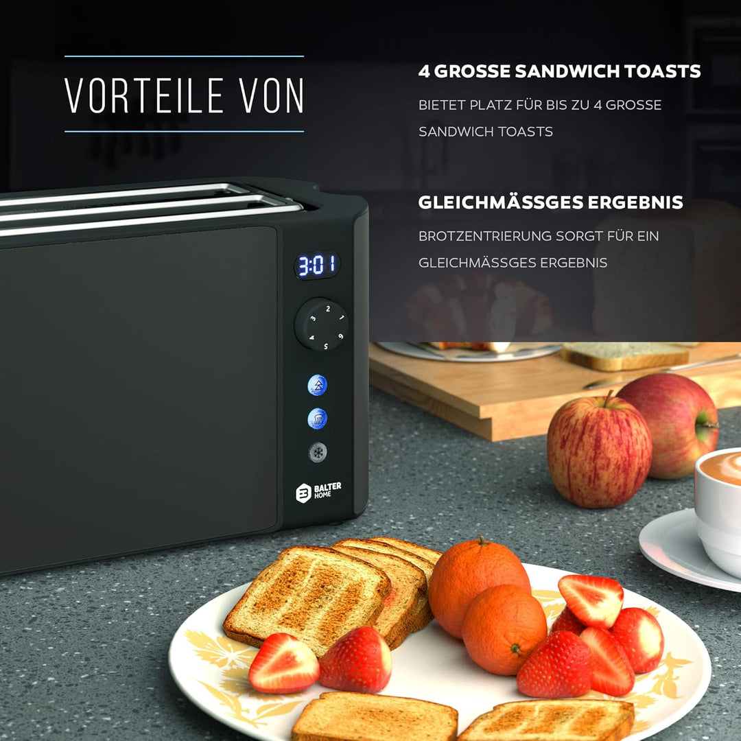 Balter Toaster 4 Scheiben, Langschlitz, Edelstahl, Brötchenaufsatz, LCD Display mit Restzeitanzeige,