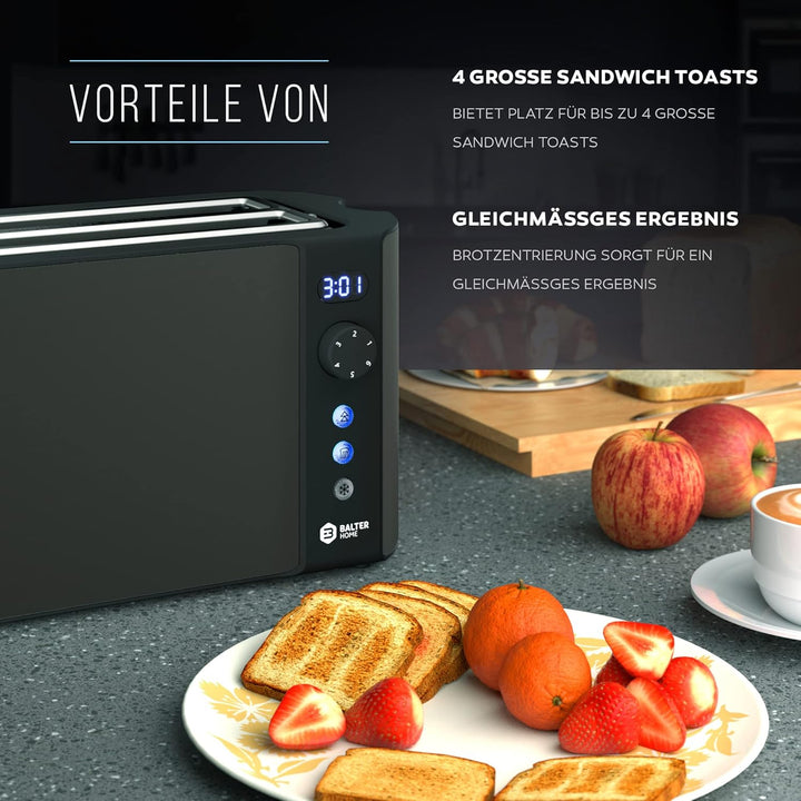 Balter Toaster 4 Scheiben, Langschlitz, Edelstahl, Brötchenaufsatz, LCD Display mit Restzeitanzeige,