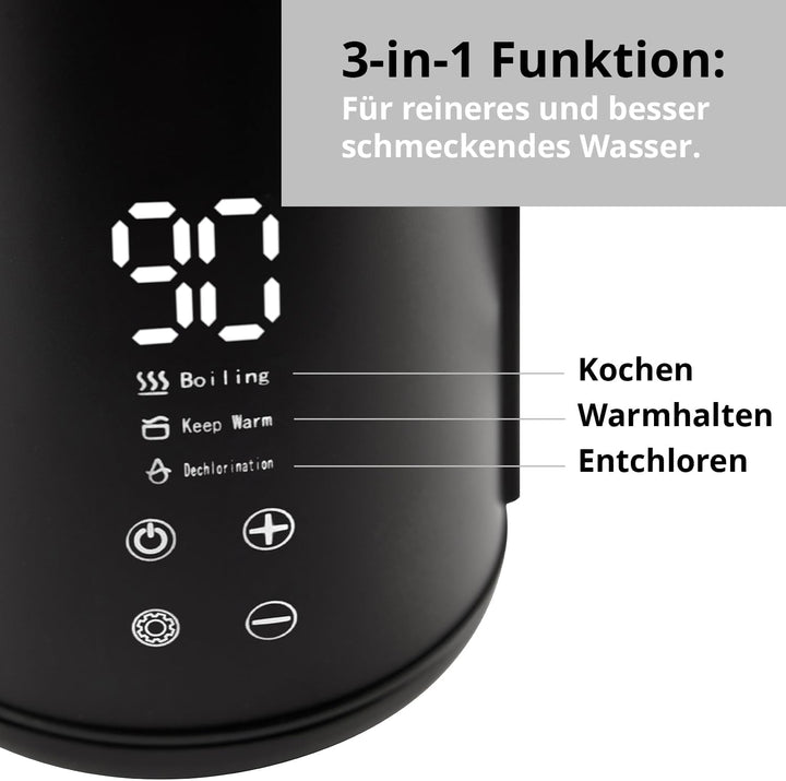 EUREL GV74 Wasserkocher, 1,6L Edelstahl, Schwarz | Temperatureinstellung, LED-Touch-Display, Tempera