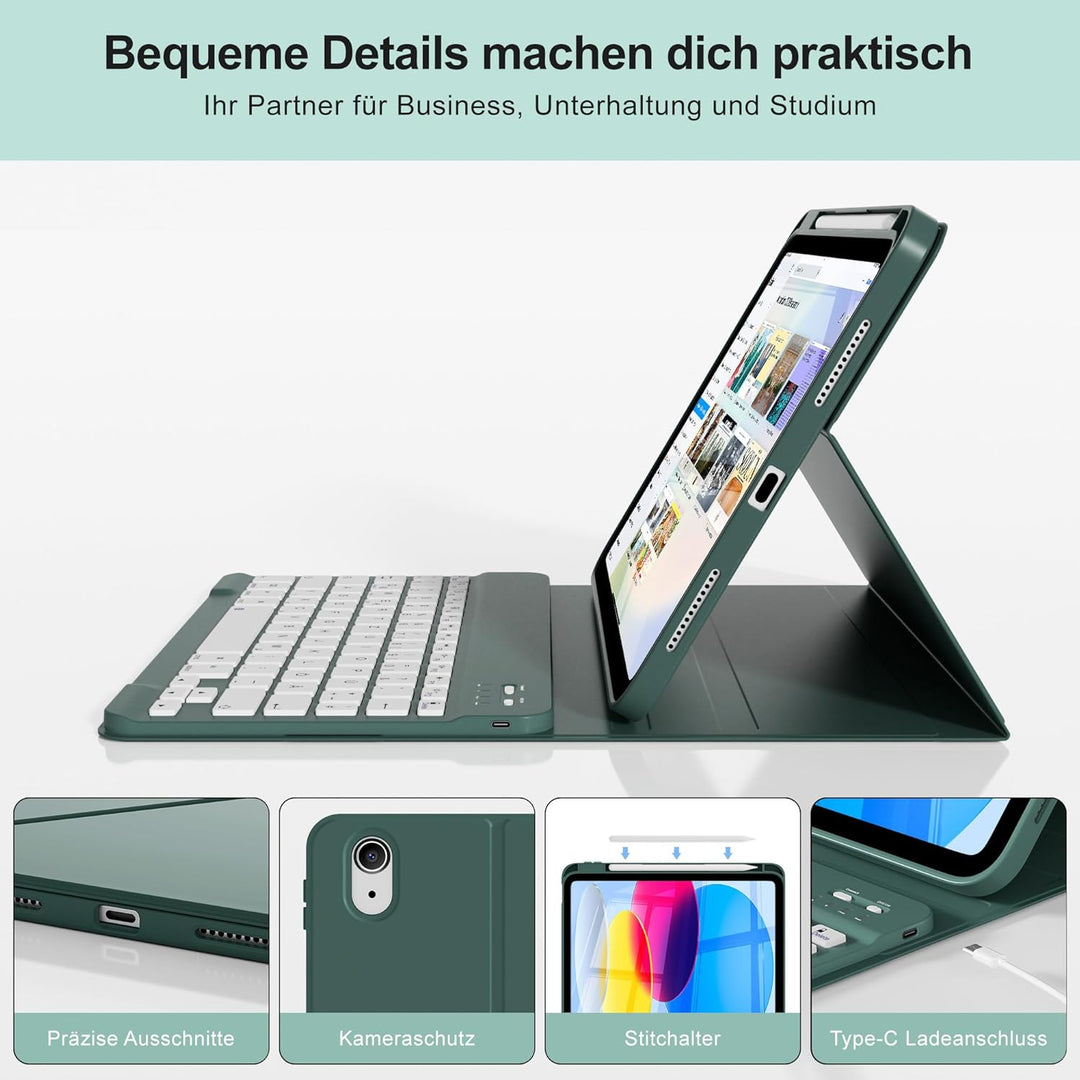 Hülle mit Tastatur für iPad A16 11 Generation2025/10 Generation 2022, (11/10.9 Zoll), 7-farbige Magn