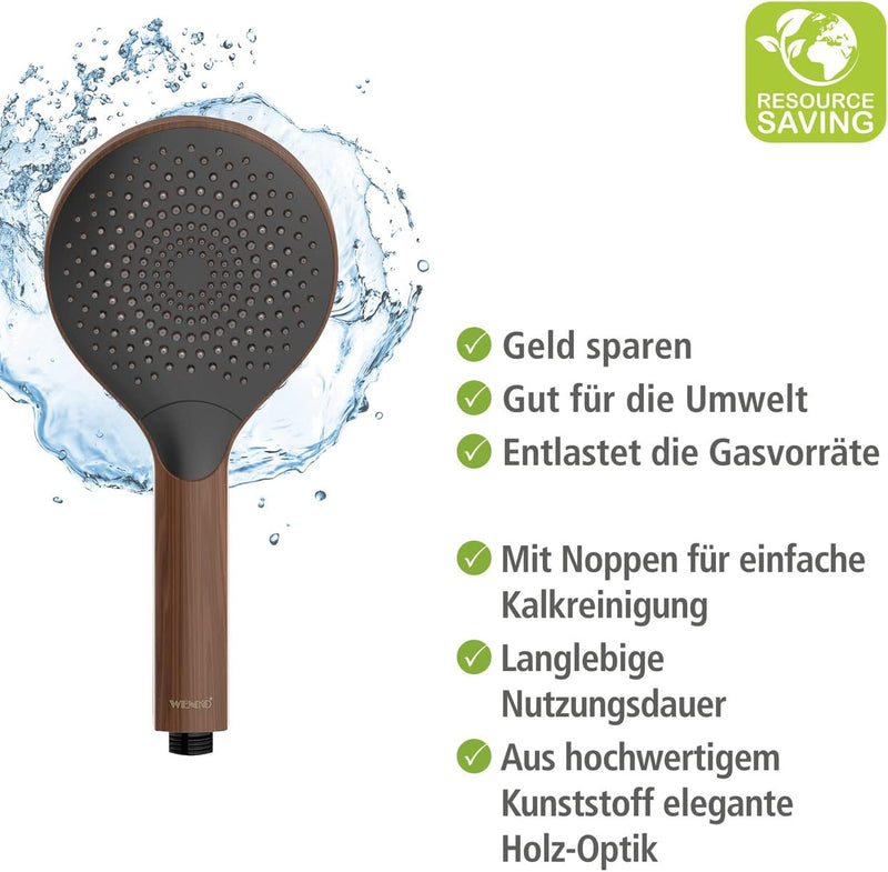 WENKO Duschkopf Watersaving Wood, wassersparende Handbrause in edler Holz-Optik aus Kunststoff, spar