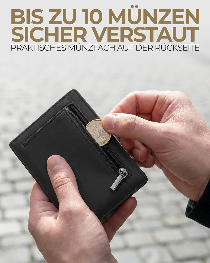iSlim Wallet - Glattleder Geldbeutel mit Geldklammer und Münzfach, 9 Kartenfach Premium Geldbörse -