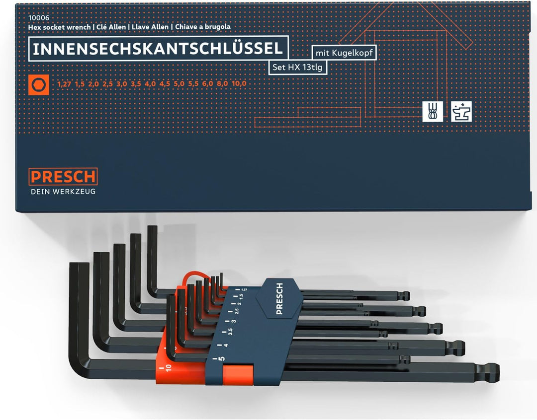 PRESCH Innensechskant Satz 13 tlg mit Kugelkopf HX - Profi Innensechskantschlüssel Set - Schlüssel k