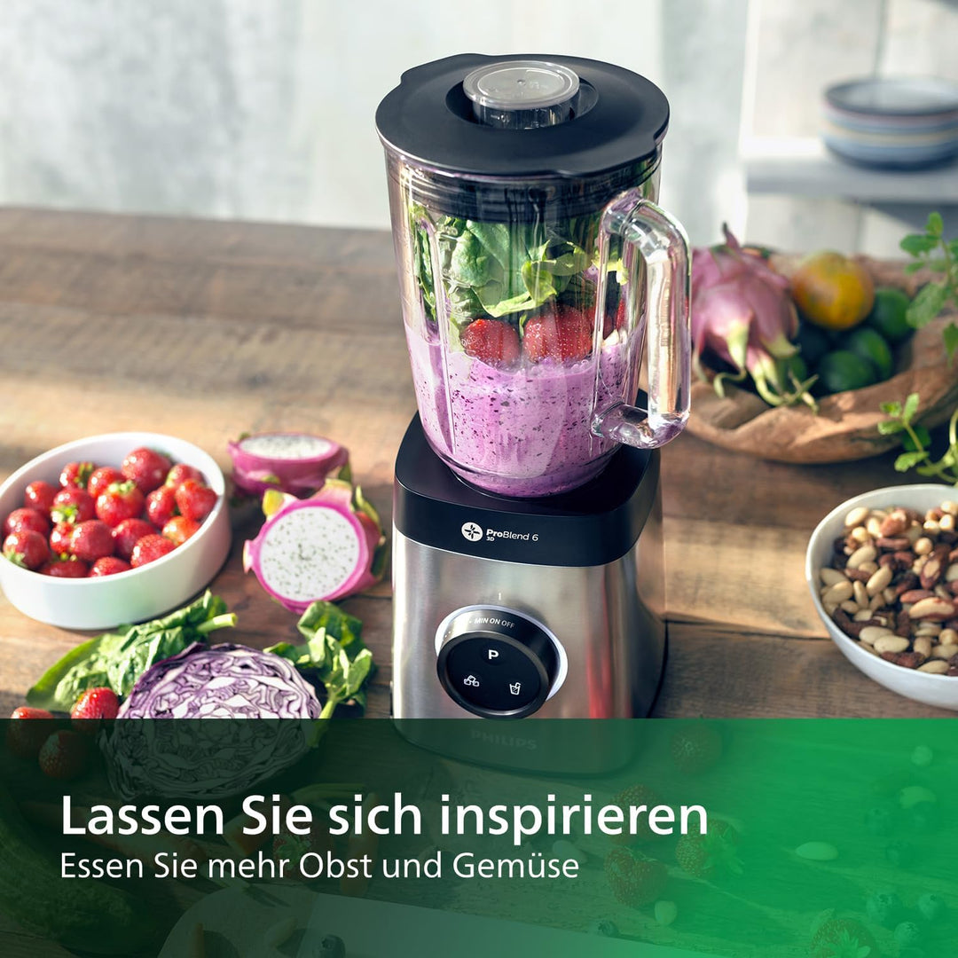 Philips HR3655/00 Standmixer (1400 Watt, ProBlend 6 3D Technologie, 2 Liter Glasbehälter, 2x Trinkbe
