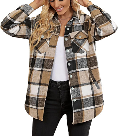 Timuspo Damen Flanell Karierte Hemdjacke Lange Ärmel Baumwolle Revers Button-Down-Bluse Shacket Mant