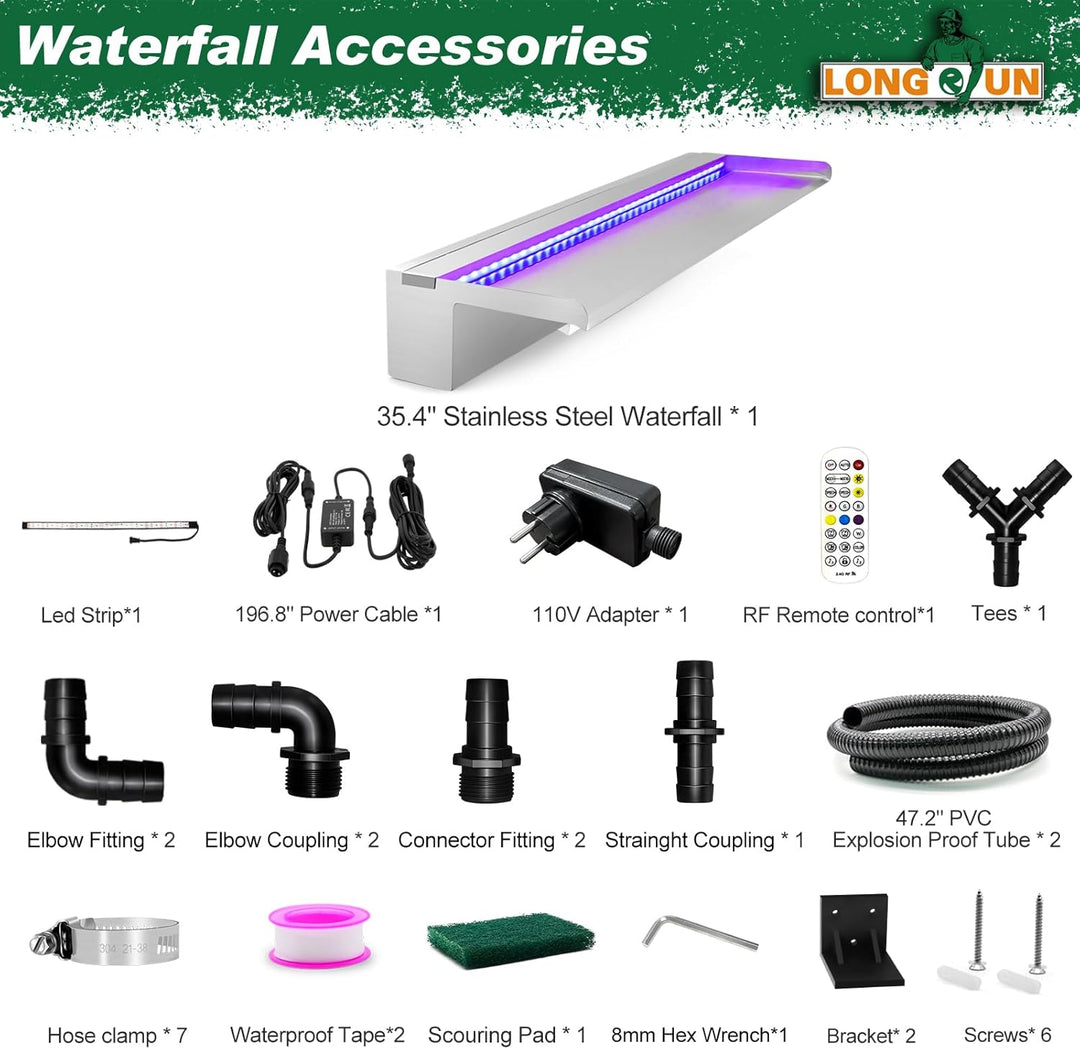 LONGRUN Edelstahl Wasserfall Überlauf, APP Kontrolle Multi-Farben LED-Licht Draussen Pool Brunnen, K