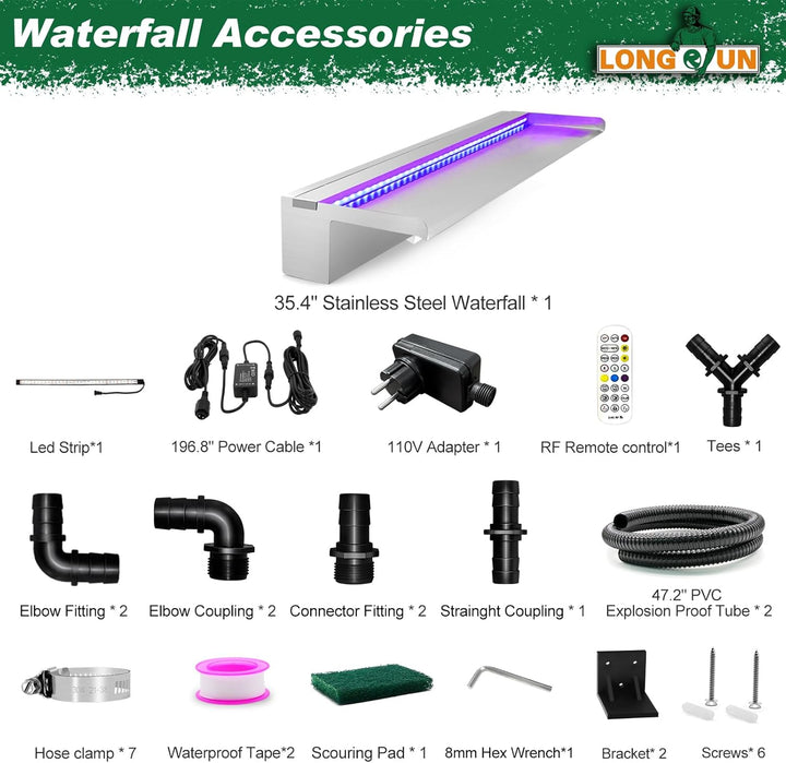LONGRUN Edelstahl Wasserfall Überlauf, APP Kontrolle Multi-Farben LED-Licht Draussen Pool Brunnen, K