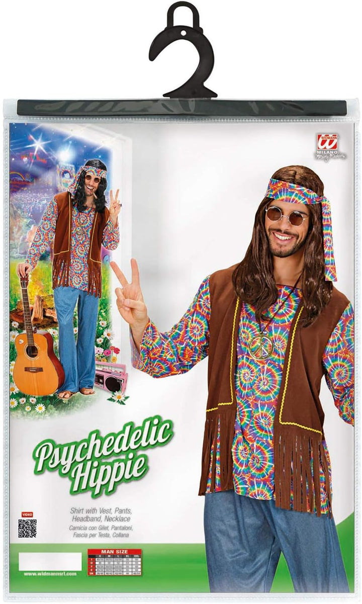 "PSYCHEDELIC HIPPIE MAN" (shirt with vest, pants, headband, necklace) - (XL), XL