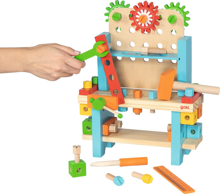 goki 58386 - Meine erste Werkbank aus Holz, Holzspielset für Heimwerker inkl. Hammer, Schrauben, Dre