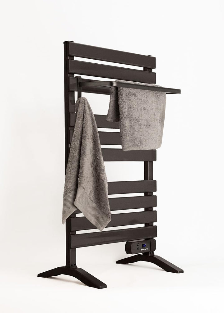 CREATE / WARM Towel 500W / Elektrischer Badheizkörper Schwarz mit Standfüssen und Regal / 103x55x5cm