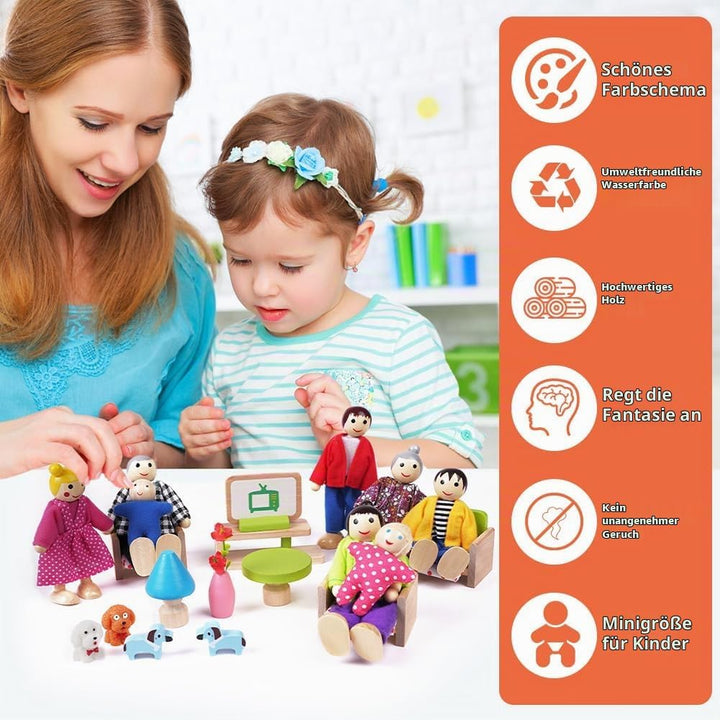HOTUT Puppenhaus Möbel Set aus Holz, 20 Stück Puppenhaus Möbel mit 8 Puppenfamilien, Mini Puppenhaus