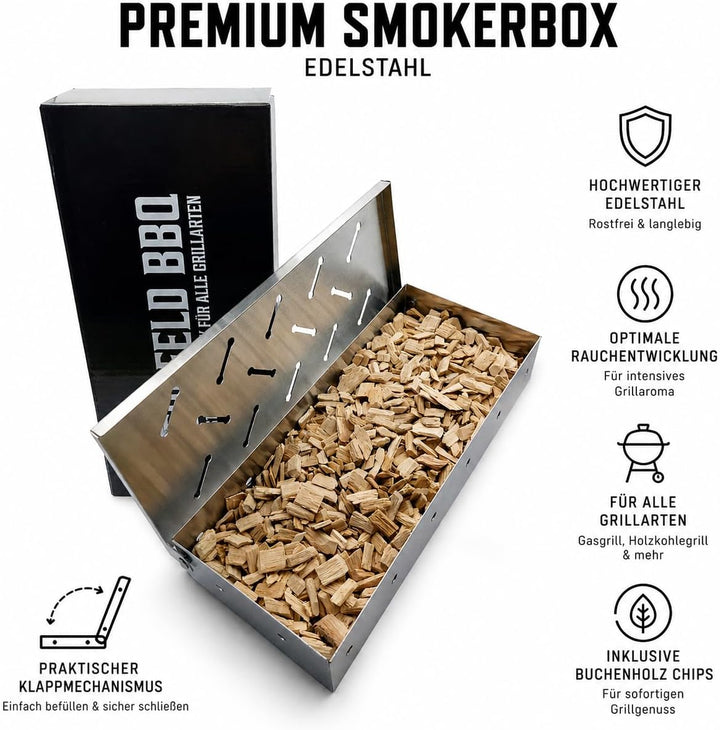 Bergfeld BBQ – Räucherbox-Set inkl. 5 Sorten Räucherchips (Apfel, Kirsch, Hickory, Buche, Eiche; je